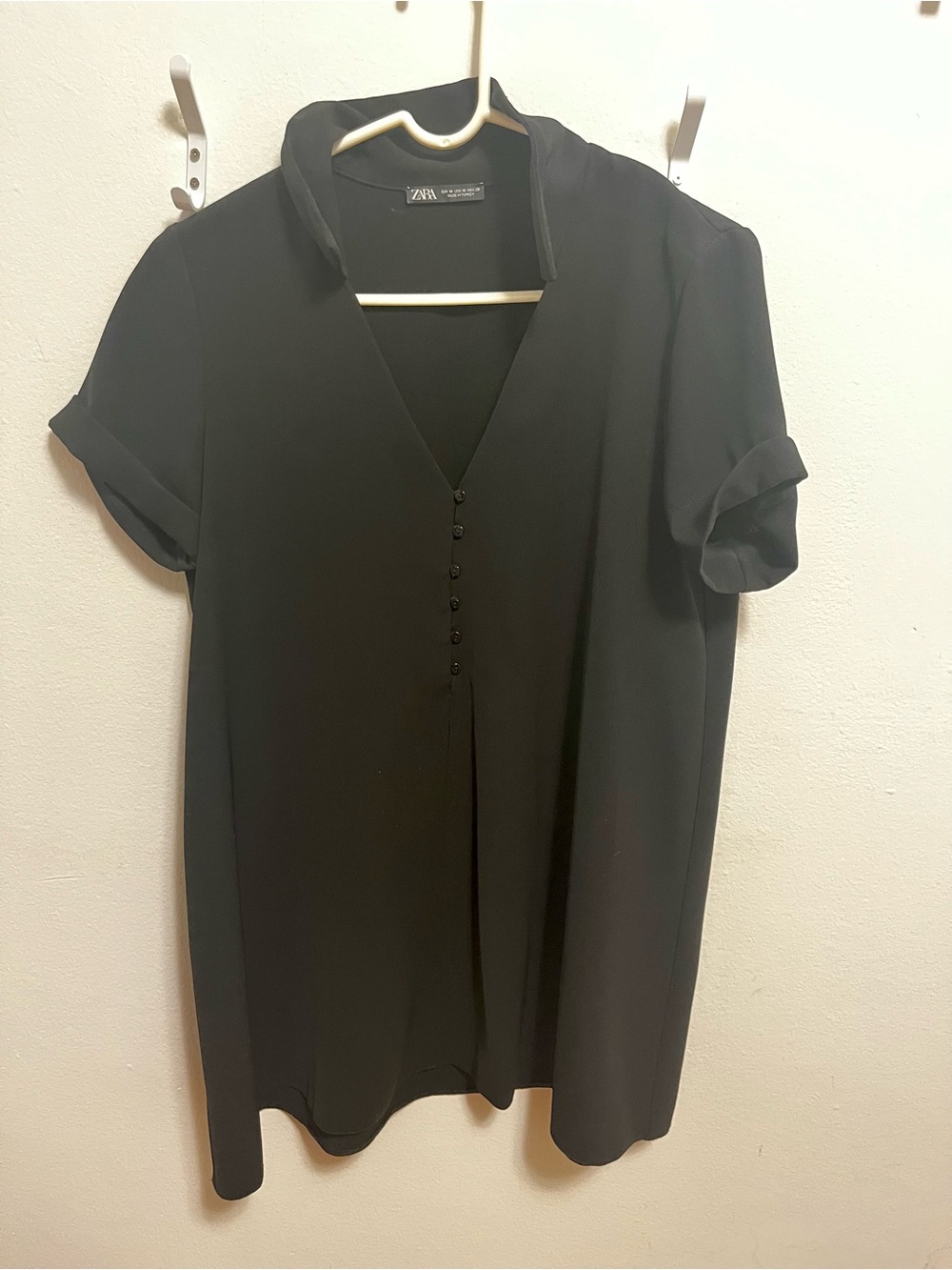 Zara Black Short Sleeve V-Neck Button Front Dress